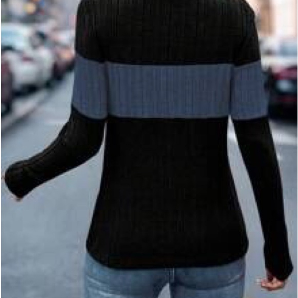 Women’s Black Sweater with Gray-Blue Stripe